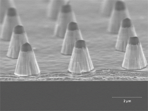 SEM cross-section images of the etched GaN structures with SiO₂ and the remaining PR mask, with a profile angle of 74° to 75°